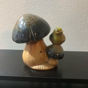Vintage MCM Ceramic Mushroom With Perched Bird Glazed With Bird Sounds